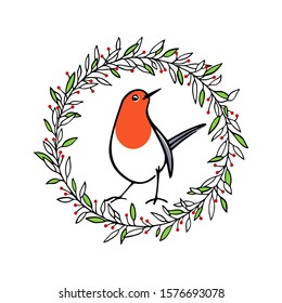 Vector card with hand drawn cute robin in winter floral wreath. Ink drawing, beautiful Christmas and New Year design elements.