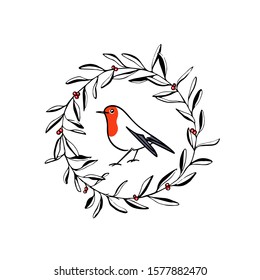 Vector card with hand drawn cute robin in winter floral wreath. Ink drawing, beautiful Christmas and New Year design elements.