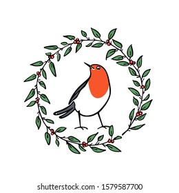 Vector card with hand drawn cute robin in winter floral wreath. Ink drawing, beautiful Christmas and New Year design elements.