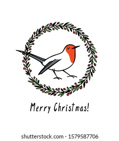Vector card with hand drawn cute robin in winter floral wreath. Ink drawing, beautiful Christmas and New Year design elements.
