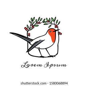 Vector card with hand drawn cute robin in winter floral wreath. Ink drawing, beautiful Christmas and New Year design elements.