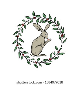 Vector card with hand drawn cute hare in floral wreath. Perfect Easter or animal design elements, ink drawing, beautiful animal illustration