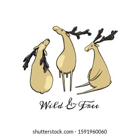 Vector card with hand drawn cute deer. Beautiful ink drawing, sketch style. Perfect design elements, animal illustration