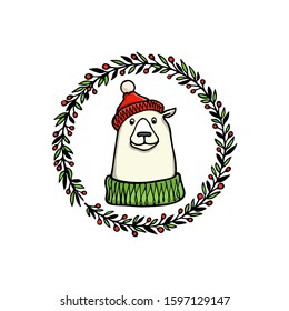 Vector card with hand drawn cute polar bear in knitted hat and a sweater in floral wreath. Perfect design elements, animal illustration, ink drawing. 