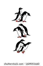 Vector card with hand drawn cute penguins. Ink drawing, funny illustration, beautiful marine animal design elements.