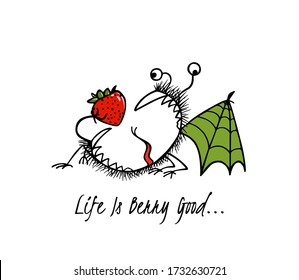 Vector card with hand drawn cute monster with juicy strawberry. Beautiful well-being design elements, funny illustration,  ink drawing