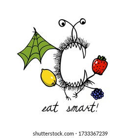 Vector card with hand drawn cute monster with juicy lemon and berries in its paws. Beautiful healthy eating design elements, funny illustration,  ink drawing