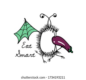 Vector Card With Hand Drawn Cute Monster Eating Raw Eggplant. Beautiful Healthy Eating Design Elements, Funny Illustration,  Ink Drawing