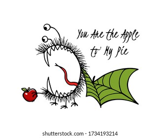 Vector card with hand drawn cute monster with juicy red apple. Beautiful romantic design elements, funny illustration,  ink drawing