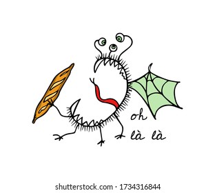 Vector card with hand drawn cute monster with crisp French baguette. Beautiful food design elements, funny illustration,  ink drawing
