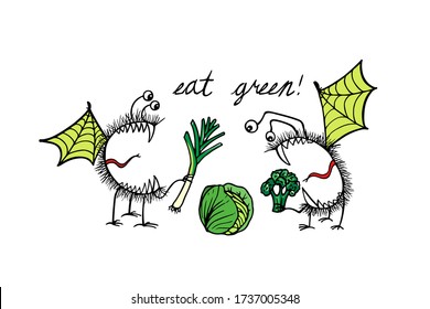 Tarjeta vectorial con monstruos lindos dibujados a mano con verduras verdes. Hermosos elementos de diseño alimentario saludable, ilustración divertida, dibujo de tinta