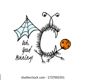 Vector card with hand drawn cute hungry monster with crisp raisins bun. Beautiful food and breakfast design elements, funny illustration,  ink drawing