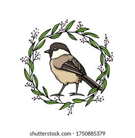 Vector card with hand drawn cute Willow Tit in green leafy wreath. Ink drawing, beautiful animal design elements. Logo template