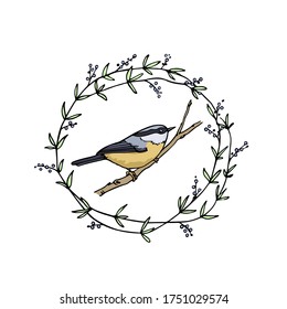Vector card with hand drawn cute Nuthatch in green floral wreath. Ink drawing, beautiful animal design elements. Logo template