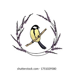 Vector card with hand drawn cute Grand Tit in lavender wreath. Ink drawing, beautiful animal design elements. Logo template