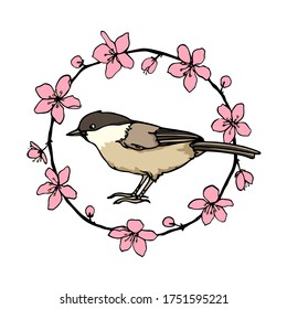 Vector card with hand drawn cute Willow Tit in cherry blossom wreath. Ink drawing, beautiful animal design elements. Logo template