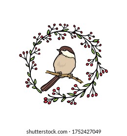 Tarjeta vectorial con mano dibujada lindo Tit Willow en bayas rojas corona. Dibujo de tinta, hermosos elementos de diseño animal. Plantilla de logotipo