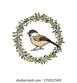 Tarjeta vectorial con mano dibujada lindo Tit Willow en bayas rojas corona. Dibujo de tinta, hermosos elementos de diseño animal. Plantilla de logotipo