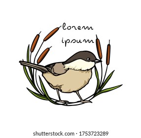 Vector card with hand drawn cute Willow Tit in bulrush wreath. Ink drawing, beautiful animal design elements. Logo template