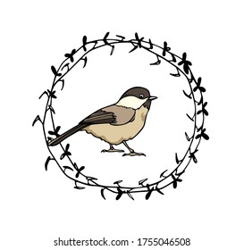 Vector card with hand drawn cute Willow Tit in black floral wreath. Ink drawing, beautiful animal design elements. Logo template