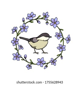 Tarjeta vectorial con mano dibujada lindo Tit Willow en flores elegantes. Dibujo de tinta, hermosos elementos de diseño animal. Plantilla de logotipo