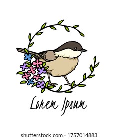 Tarjeta vectorial con mano dibujada lindo Tit Willow en flores elegantes. Dibujo de tinta, hermosos elementos de diseño animal. Plantilla de logotipo