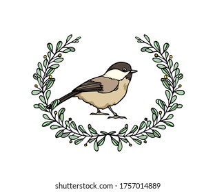 Vector card with hand drawn cute Willow Tit in graceful floral wreath. Ink drawing, beautiful animal design elements. Logo template