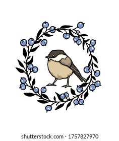 Vektorkarte mit handgezeichnetem, süßem Willow Tit im Blaubeerkranz. Tintenzeichnung, schöne Elemente des Tierdesigns. Logo-Vorlage