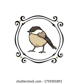Vector card with hand drawn cute Willow Tit in vintage graceful frame. Ink drawing, beautiful animal design elements. Logo template