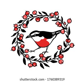 Vector card with hand drawn cute red-breasted bird in red berry wreath. Ink drawing, beautiful animal design elements. Logo template