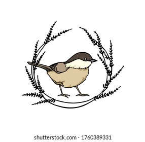 Vector card with hand drawn cute Willow Tit in black floral wreath. Ink drawing, beautiful animal design elements. Logo template