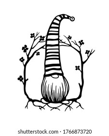 Vector card with hand drawn cute gnome in high striped cap in floral wreath. Ink drawing, beautiful design elements