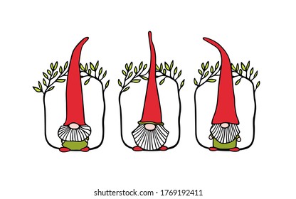 Vector card with hand drawn cute gnomes in high red caps in floral green wreath. Ink drawing, beautiful design elements