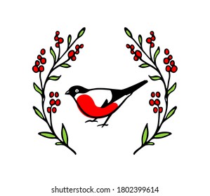 Tarjeta vectorial con el lindo bullfinch dibujado a mano en bayas rojas corona. Dibujo de tinta, hermosos animales y elementos de diseño navideño.