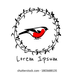 Tarjeta vectorial con un lindo bullfinch dibujado a mano en una corona floral negra. Dibujo de tinta, hermosos animales y elementos de diseño navideño.
