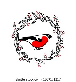 Vector card with hand drawn cute bullfinch in red berries wreath. Ink drawing, beautiful animal and Christmas design elements.