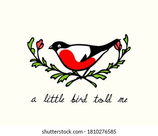 Vector card with hand drawn cute bullfinch in floral laurel with red flowers. Ink drawing, beautiful animal and Christmas design elements.