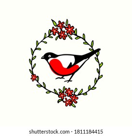 Tarjeta vectorial con un lindo bullfinch dibujado a mano en flor floral con flores rojas. Dibujo de tinta, hermosos animales y elementos de diseño navideño.