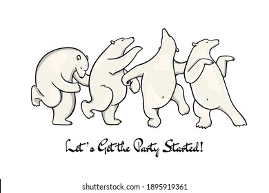 Vector card with hand drawn cute polar bears dancing on ice. Beautiful ink drawing, animal design elements. Invitation, celebration or greeting card