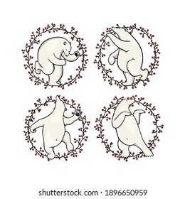 Vector card with hand drawn cute polar bears dancing in floral red berries wreath. Beautiful ink drawing, animal design elements. 