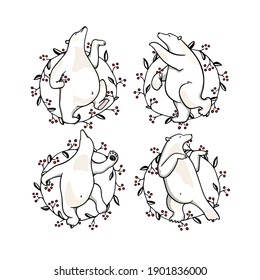 Vector card with hand drawn cute polar bears dancing in floral red berries wreath. Beautiful ink drawing, animal design elements. 