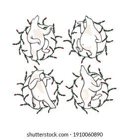 Vector card with hand drawn cute polar bears dancing in floral red flowers wreath. Beautiful ink drawing, animal design elements. 