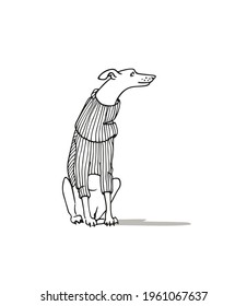 Vector card with hand drawn cute whippet in a warm knitted jumper. Beautiful design elements, ink drawing, funny illustration. 