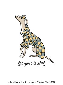 Vector card with hand drawn cute whippet in plaid trendy coat and hat. Beautiful design elements, ink drawing, funny illustration. 