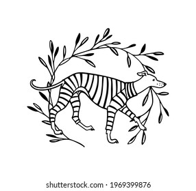 Vector card with hand drawn cute whippet in stripe pyjamas in graceful floral wreath. Beautiful design elements, ink drawing, funny illustration. 