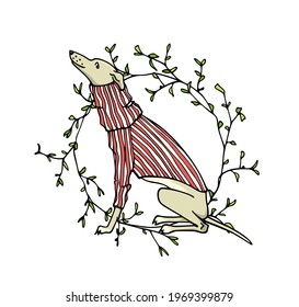 Vector card with hand drawn cute whippet in warm knitted jumper in graceful floral wreath. Beautiful design elements, ink drawing, funny illustration. 