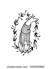 Vector card with hand drawn cute whippet in warm knitted jumper in graceful floral wreath. Beautiful design elements, ink drawing, funny illustration. 