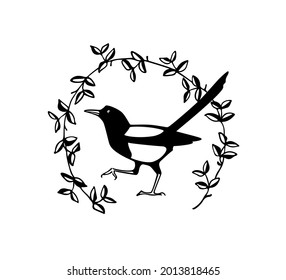 Vector card with hand drawn cute Magpie in a botanical wreath. Ink drawing, graphic style. Beautiful animal design elements.