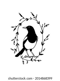 Vector card with hand drawn cute Magpie in a botanical wreath. Ink drawing, graphic style. Beautiful animal design elements.