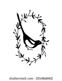 Tarjeta vectorial con la mano dibujada lindo Magpie con la cola alta en una corona botánica. Dibujo de tinta, estilo gráfico. Bellos elementos de diseño animal.